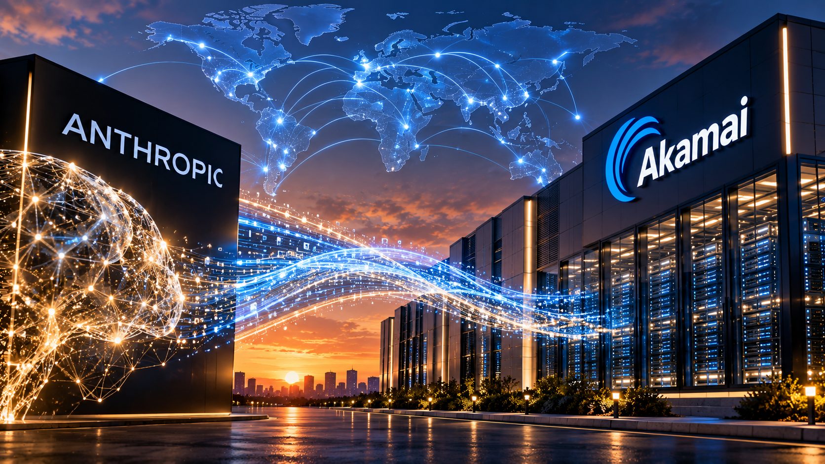 AI-generated illustration of two data center buildings at sunset, one labeled Anthropic and one labeled Akamai, connected by streams of light beneath a glowing world map of network connections, representing a cloud computing agreement.