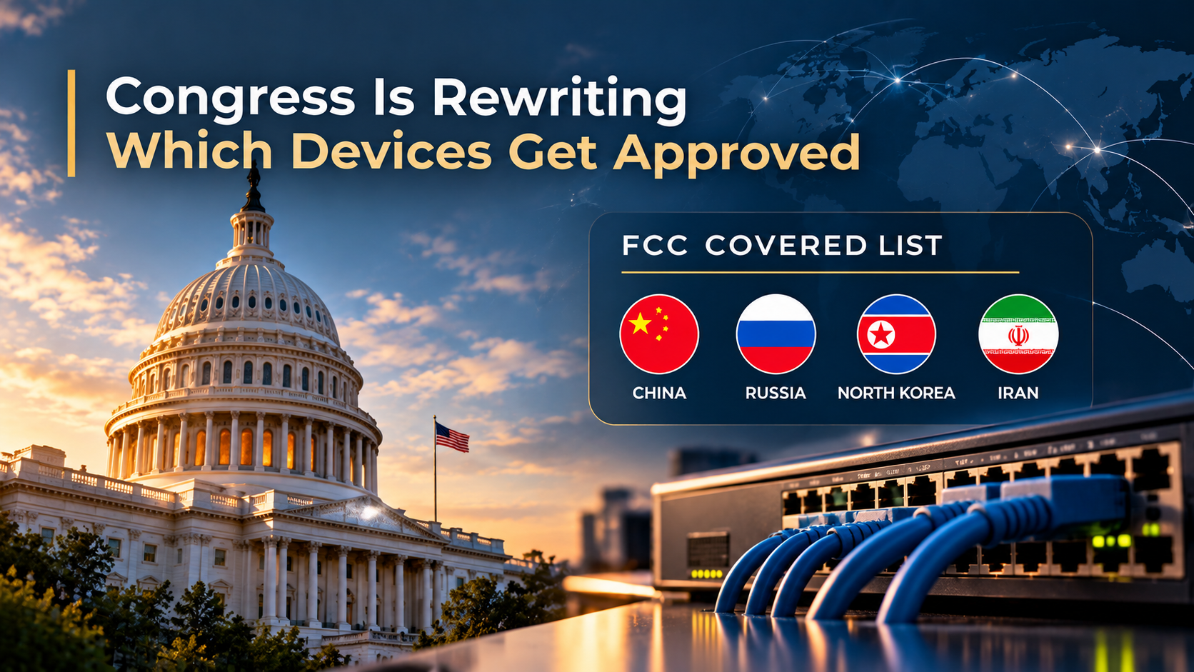 North Velocity Group title graphic reading Congress Is Rewriting Which Devices Get Approved. On the left, the U.S. Capitol at sunset. On the right, a network switch with blue cables beneath a panel labeled FCC Covered List showing the flags of China, Russia, North Korea and Iran, the four foreign adversaries named in the Communications and Technology Transparency Act.