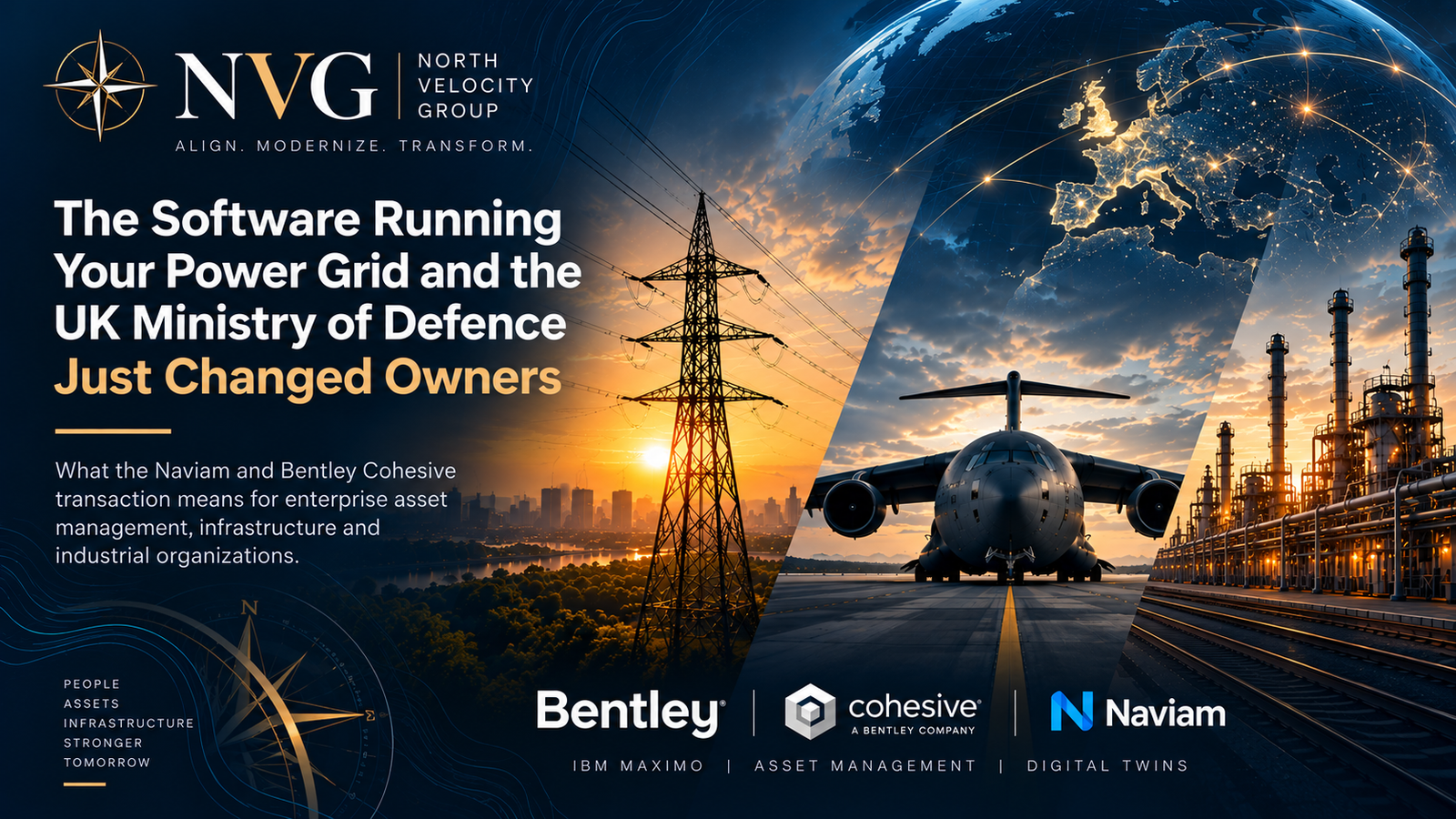 North Velocity Group title graphic for this article. The NVG logo and the tagline Align. Modernize. Transform. sit above a headline reading The Software Running Your Power Grid and the UK Ministry of Defence Just Changed Owners, with a subheading explaining what the Naviam and Bentley Cohesive transaction means for enterprise asset management, infrastructure and industrial organizations. To the right, three angled panels show a high-voltage transmission tower at sunset, a military transport aircraft on a runway, and a refinery beside rail lines, with a connected globe above. A gold compass rose sits at lower left beside the words People, Assets, Infrastructure, Stronger Tomorrow.